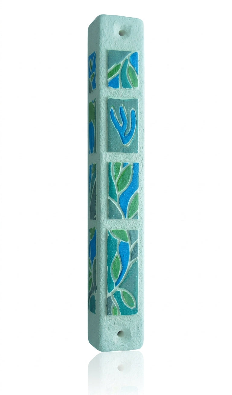 Cheerful 3D olive leaf mezuzah with hand-painted sun-dappled olive branches in blues and greens, measuring 6 inches, designed for scroll insertion.