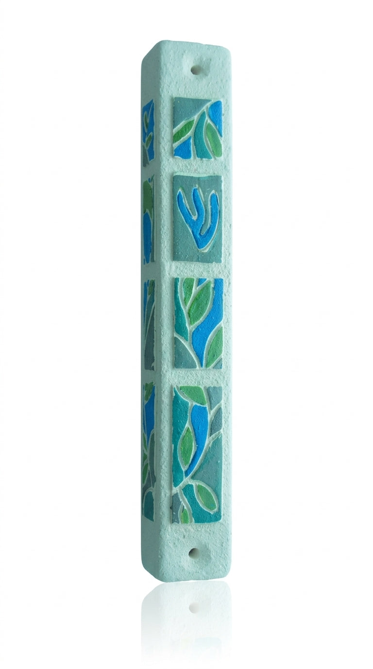 Cheerful 3D olive leaf mezuzah with hand-painted sun-dappled olive branches in blues and greens, measuring 6 inches, designed for scroll insertion.