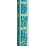 Cheerful 3D olive leaf mezuzah with hand-painted sun-dappled olive branches in blues and greens, measuring 6 inches, designed for scroll insertion.