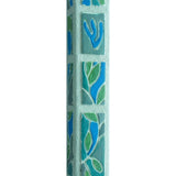 Cheerful 3D olive leaf mezuzah with hand-painted sun-dappled olive branches in blues and greens, measuring 6 inches, designed for scroll insertion.
