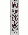 High-quality red olive leaf mezuzah made in Israel with detailed Hebrew engravings and ornate design, shown on a white background with soft reflection.