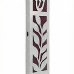 High-quality red olive leaf mezuzah made in Israel with detailed Hebrew engravings and ornate design, shown on a white background with soft reflection.