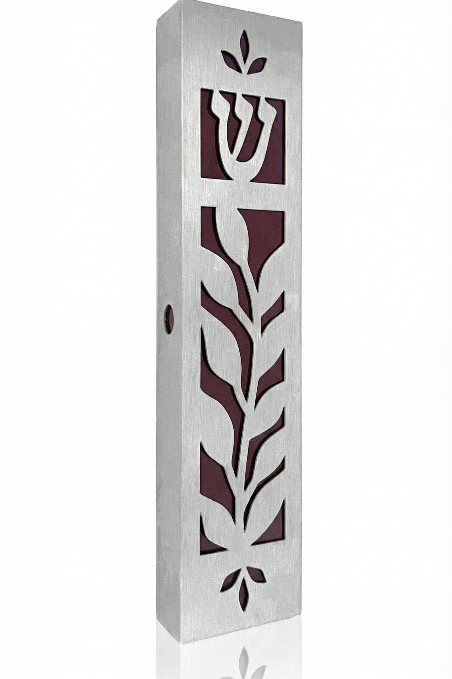 High-quality red olive leaf mezuzah made in Israel with detailed Hebrew engravings and ornate design, shown on a white background with soft reflection.