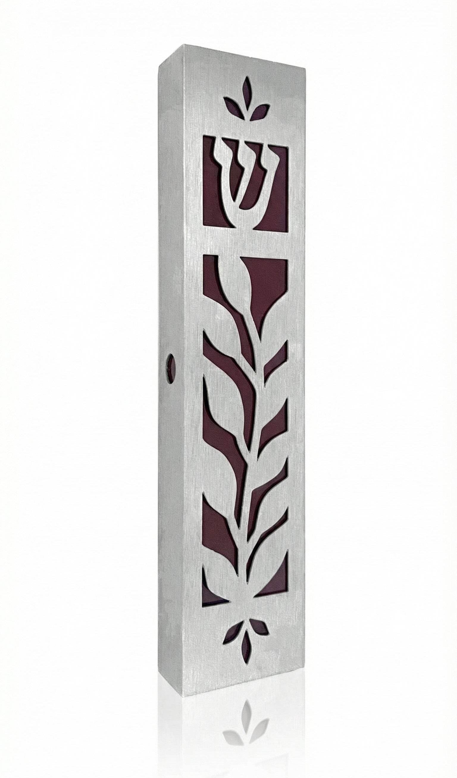 High-quality red olive leaf mezuzah made in Israel with detailed Hebrew engravings and ornate design, shown on a white background with soft reflection.