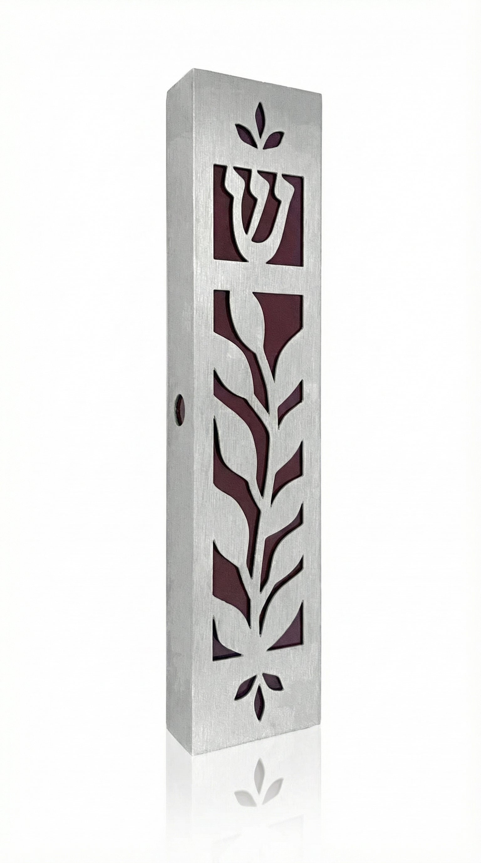 High-quality red olive leaf mezuzah made in Israel with detailed Hebrew engravings and ornate design, shown on a white background with soft reflection.