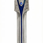 Blue mezuzah in Israeli style made of pewter and brass, 5 inches tall, with Hebrew inscription, displayed on a white background with soft reflection.