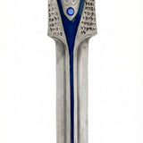 Blue mezuzah in Israeli style made of pewter and brass, 5 inches tall, with Hebrew inscription, displayed on a white background with soft reflection.