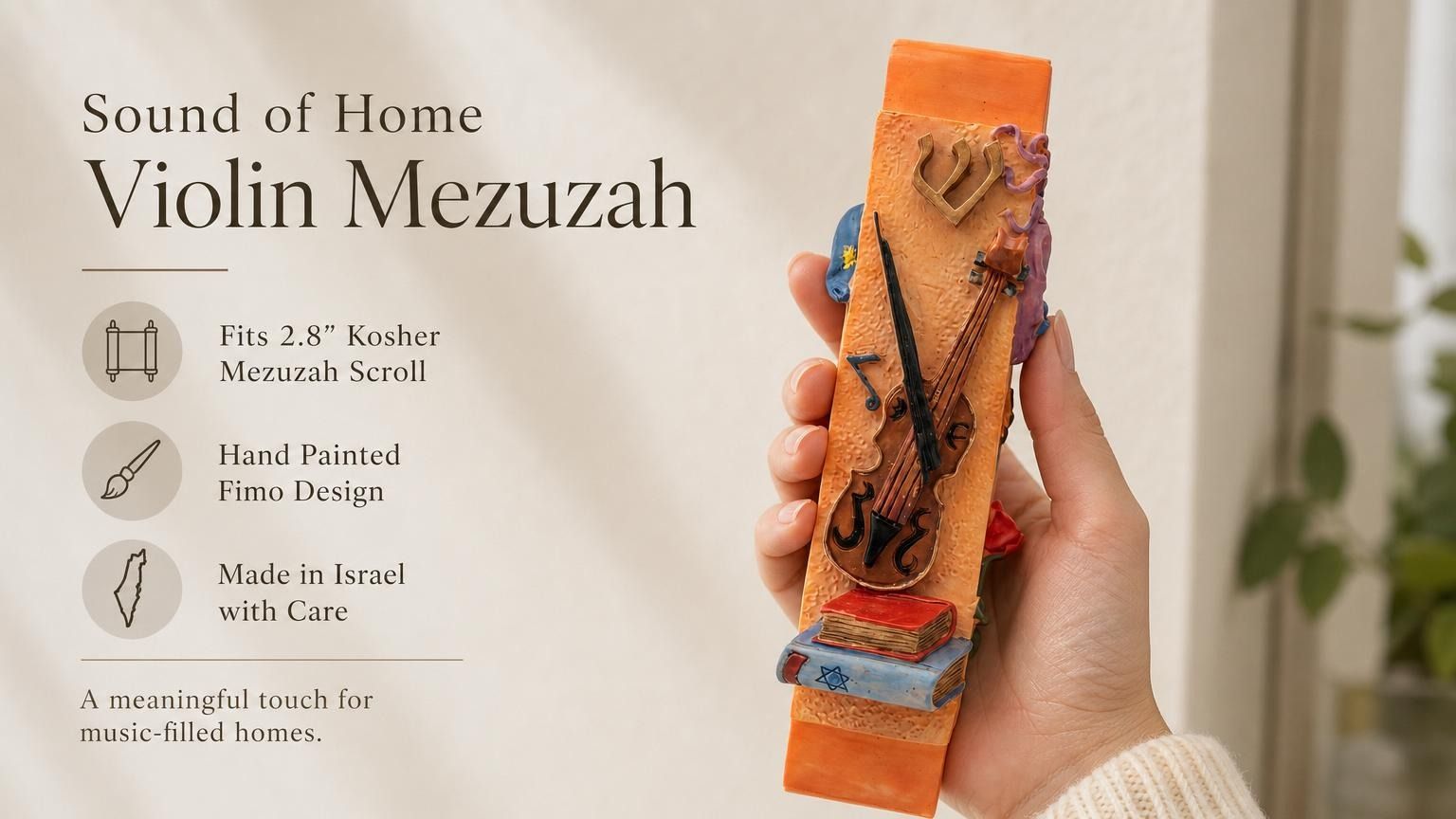Hand holds the vibrant orange violin-themed mezuzah with detailed ceramic texture, showcasing its musical motif perfect for music lovers.