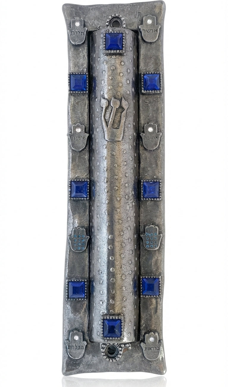 Large Oriya Mezuzah made of pewter, 7.5 inches tall, 2 inches wide, with detailed Hebrew engravings and decorative motifs, designed for home doorways.