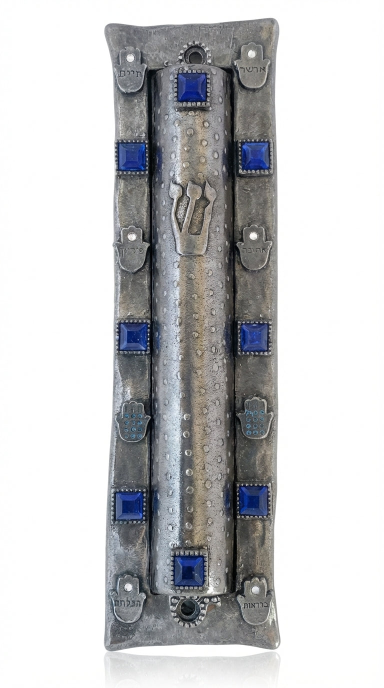 Large Oriya Mezuzah made of pewter, 7.5 inches tall, 2 inches wide, with detailed Hebrew engravings and decorative motifs, designed for home doorways.