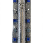 Large Oriya Mezuzah made of pewter, 7.5 inches tall, 2 inches wide, with detailed Hebrew engravings and decorative motifs, designed for home doorways.