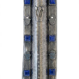 Large Oriya Mezuzah made of pewter, 7.5 inches tall, 2 inches wide, with detailed Hebrew engravings and decorative motifs, designed for home doorways.