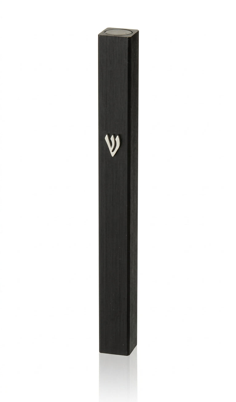 Black aluminum outdoor mezuzah with screw cap, designed for durability and easy mounting on exterior doors, includes optional scroll inside.
