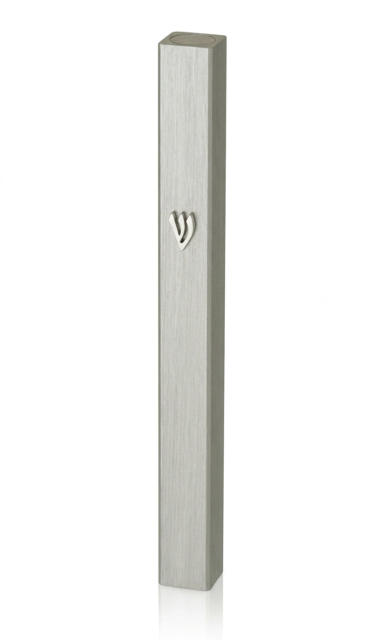 Outdoor aluminum mezuzah with screw cap for outdoor use, sleek design, and strong mounting tape for easy installation.