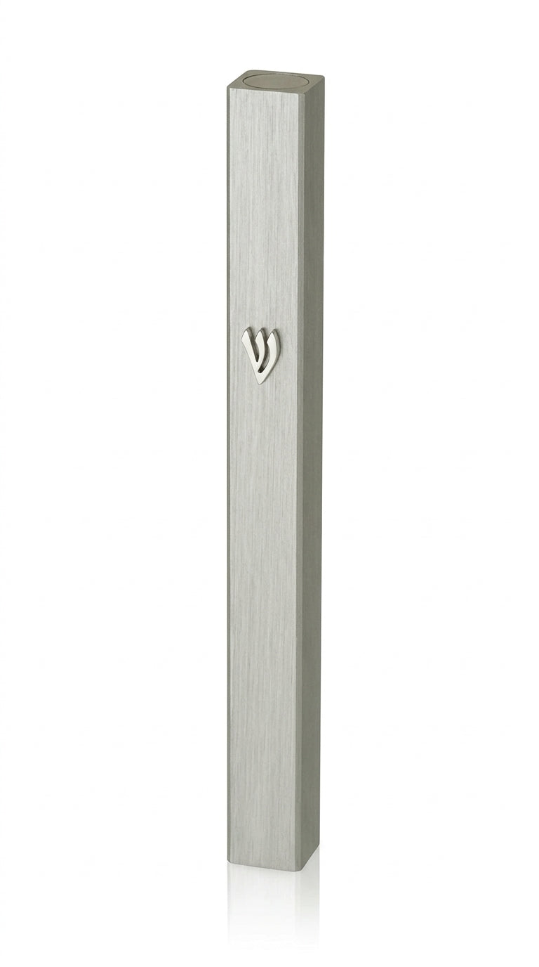 Outdoor aluminum mezuzah with screw cap for outdoor use, sleek design, and strong mounting tape for easy installation.