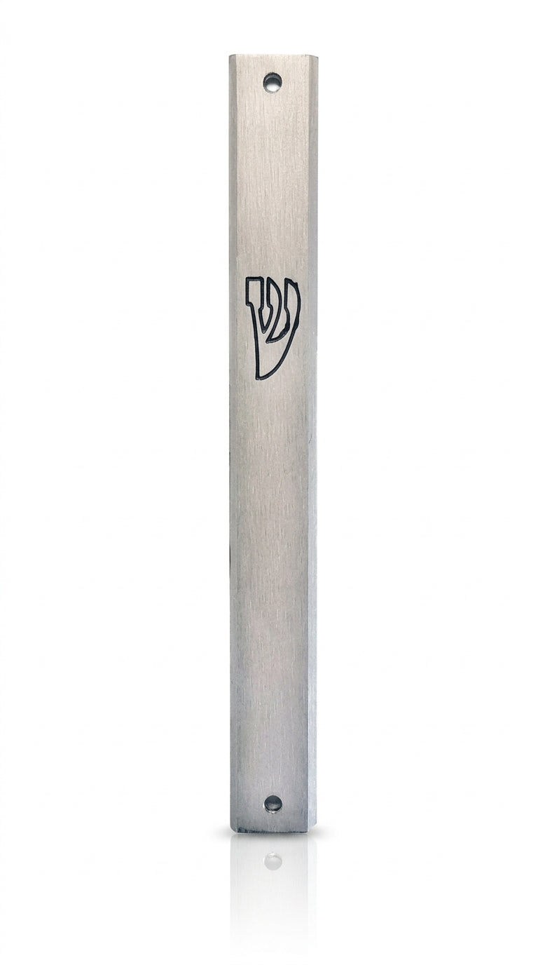 Elegant outdoor aluminum mezuzah with screw cap for weather resistance, designed to hold a 4-inch kosher scroll, mounted on door in home setting.