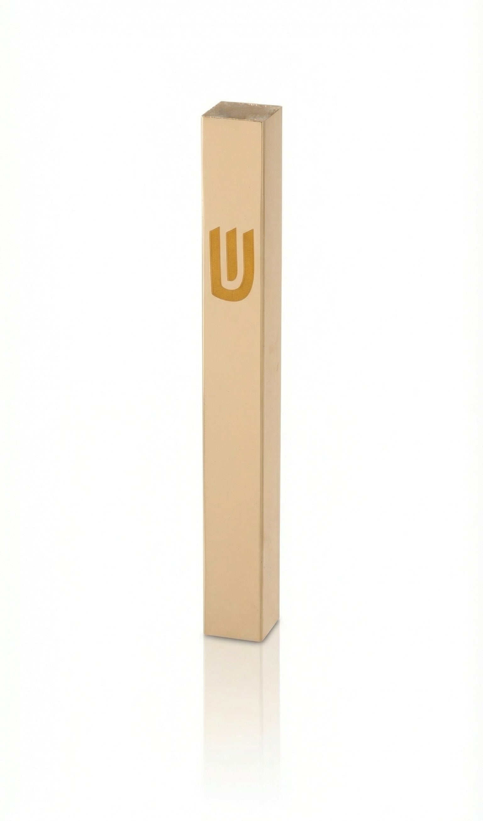 Elegant outdoor aluminum mezuzah in gold finish with screw cap, designed for exterior doors, includes strong mounting tape, made in Israel.