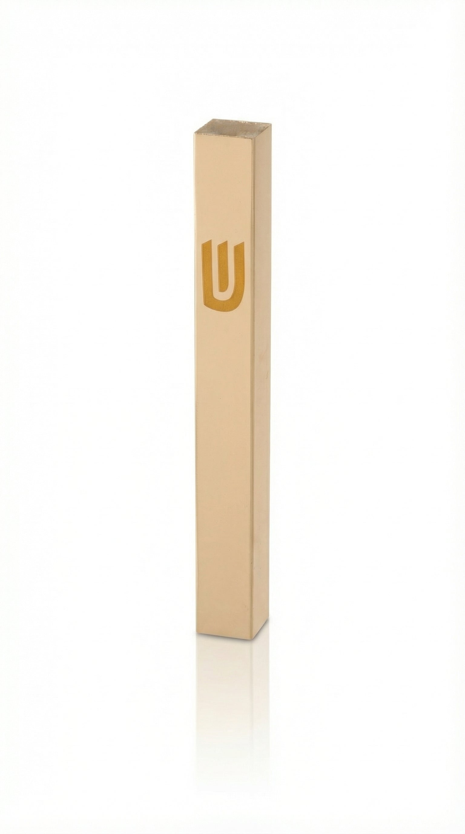 Elegant outdoor aluminum mezuzah in gold finish with screw cap, designed for exterior doors, includes strong mounting tape, made in Israel.