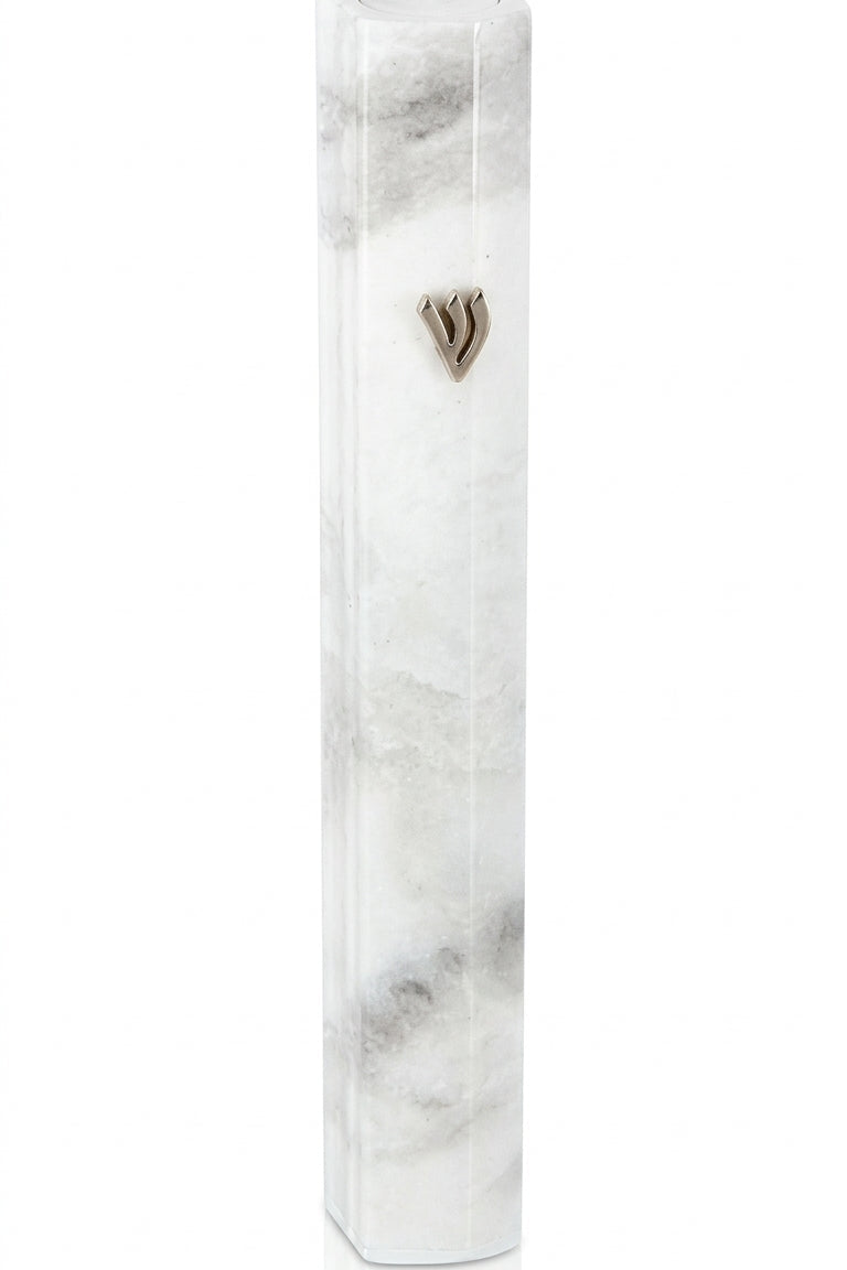 Outdoor aluminum mezuzah with white marble appearance, featuring screw-in cap for easy outdoor installation, mounted with strong tape, 5-inch size.
