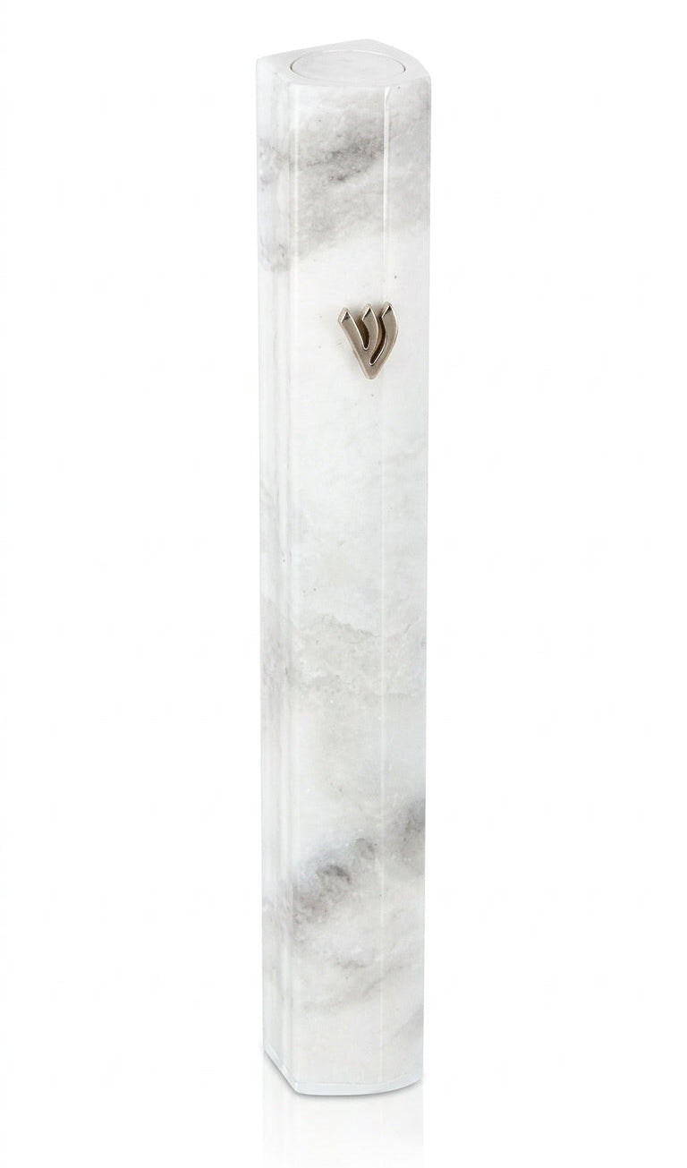 Outdoor aluminum mezuzah with white marble appearance, featuring screw-in cap for easy outdoor installation, mounted with strong tape, 5-inch size.