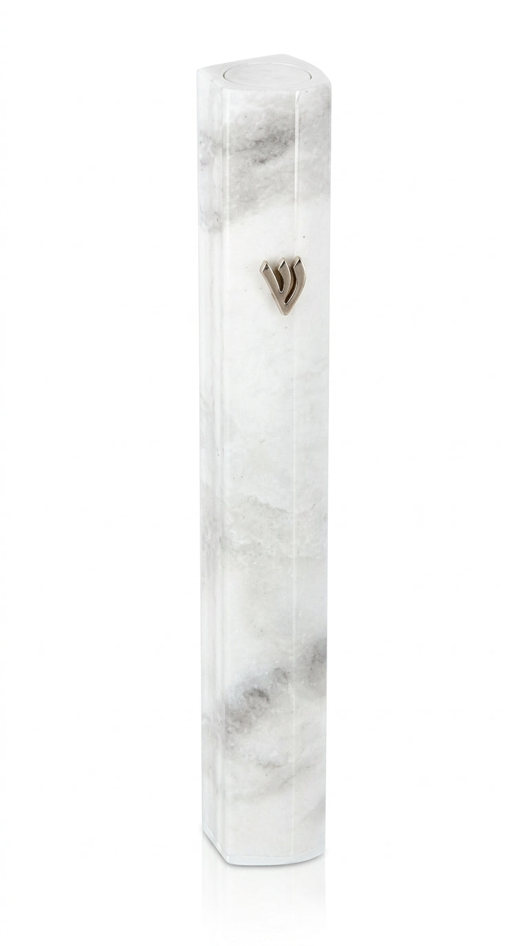 Outdoor aluminum mezuzah with white marble appearance, featuring screw-in cap for easy outdoor installation, mounted with strong tape, 5-inch size.