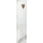 Outdoor aluminum mezuzah with white marble appearance, featuring screw-in cap for easy outdoor installation, mounted with strong tape, 5-inch size.