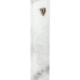Outdoor aluminum mezuzah with white marble appearance, featuring screw-in cap for easy outdoor installation, mounted with strong tape, 5-inch size.