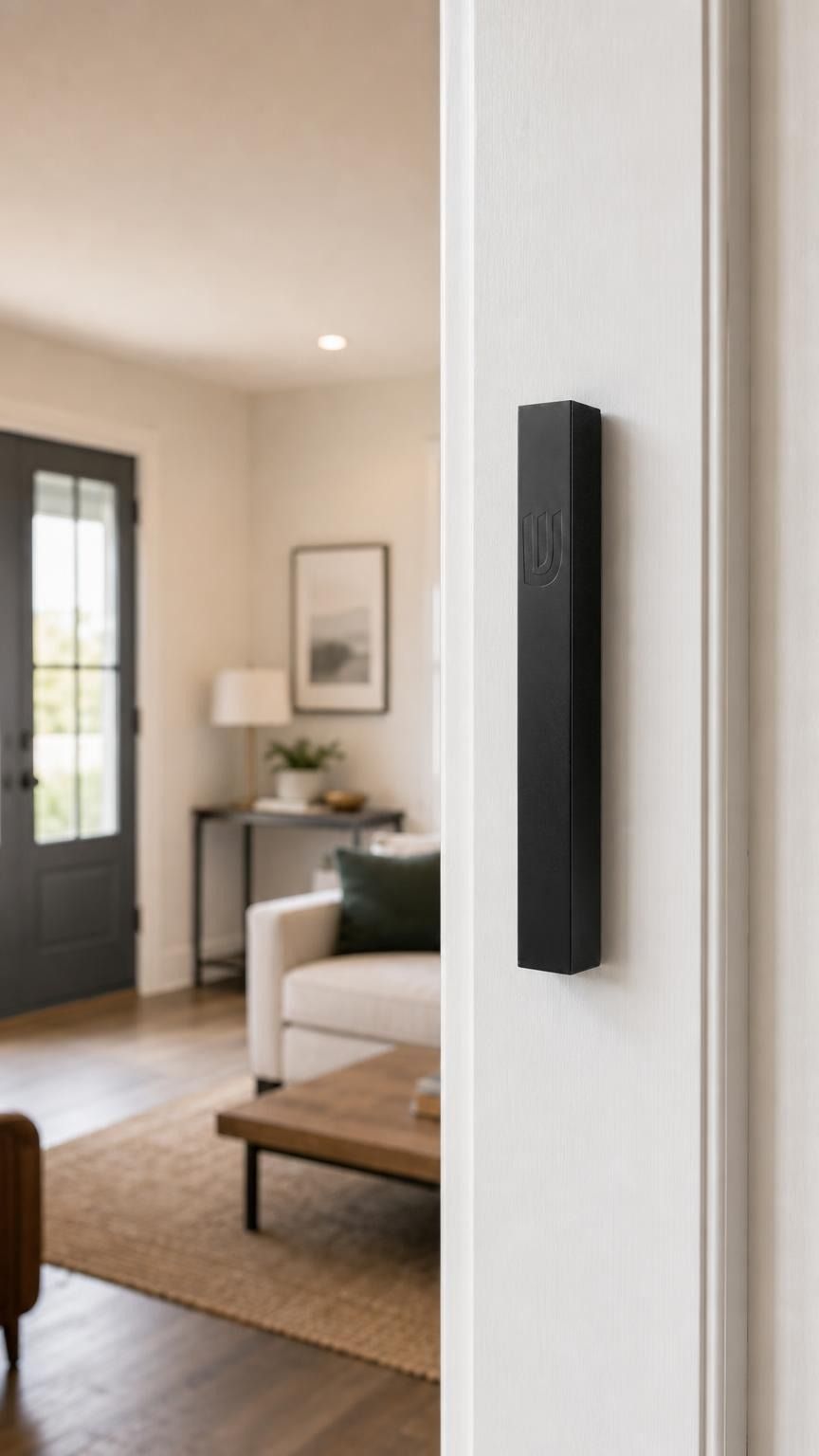 Black aluminum outdoor mezuzah mounted on a doorpost, weather-resistant with screw-cap closure, modern and sleek for contemporary entrances.