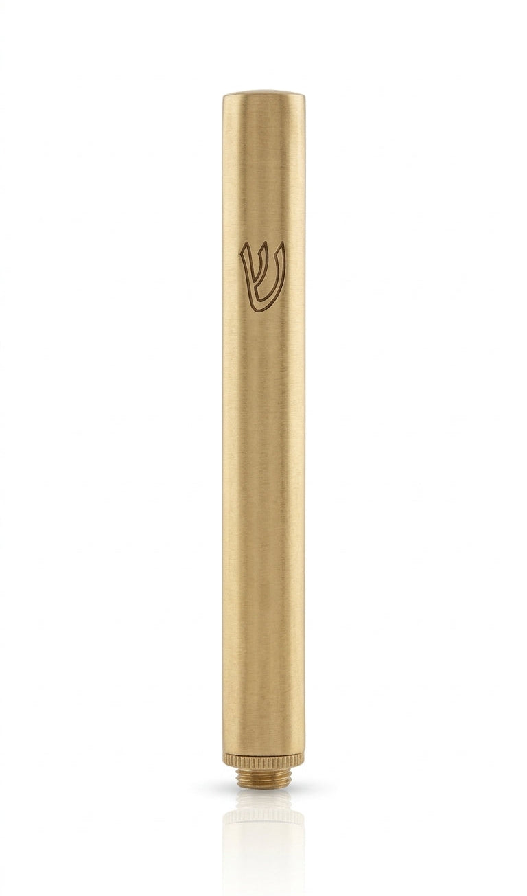 Brass outdoor mezuzah with screw cap, designed for exterior walls, includes mounting tape for easy installation.
