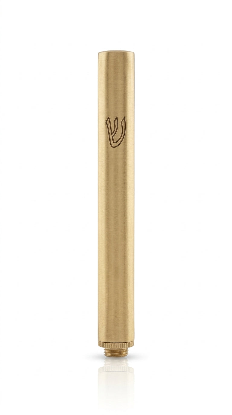 Brass outdoor mezuzah with screw cap, designed for exterior walls, includes mounting tape for easy installation.