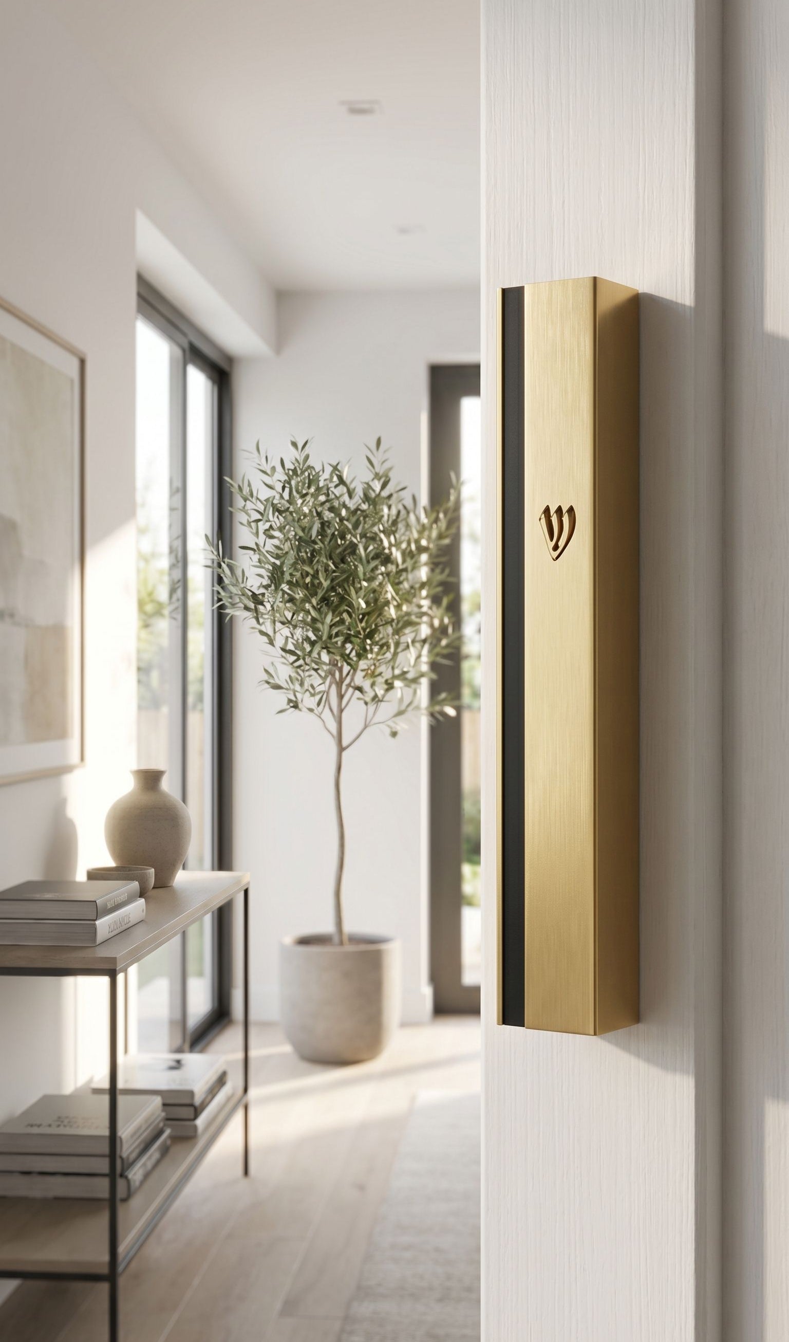 Metal outdoor mezuzah in gold and black aluminum mounted on a doorframe with weather-resistant features.