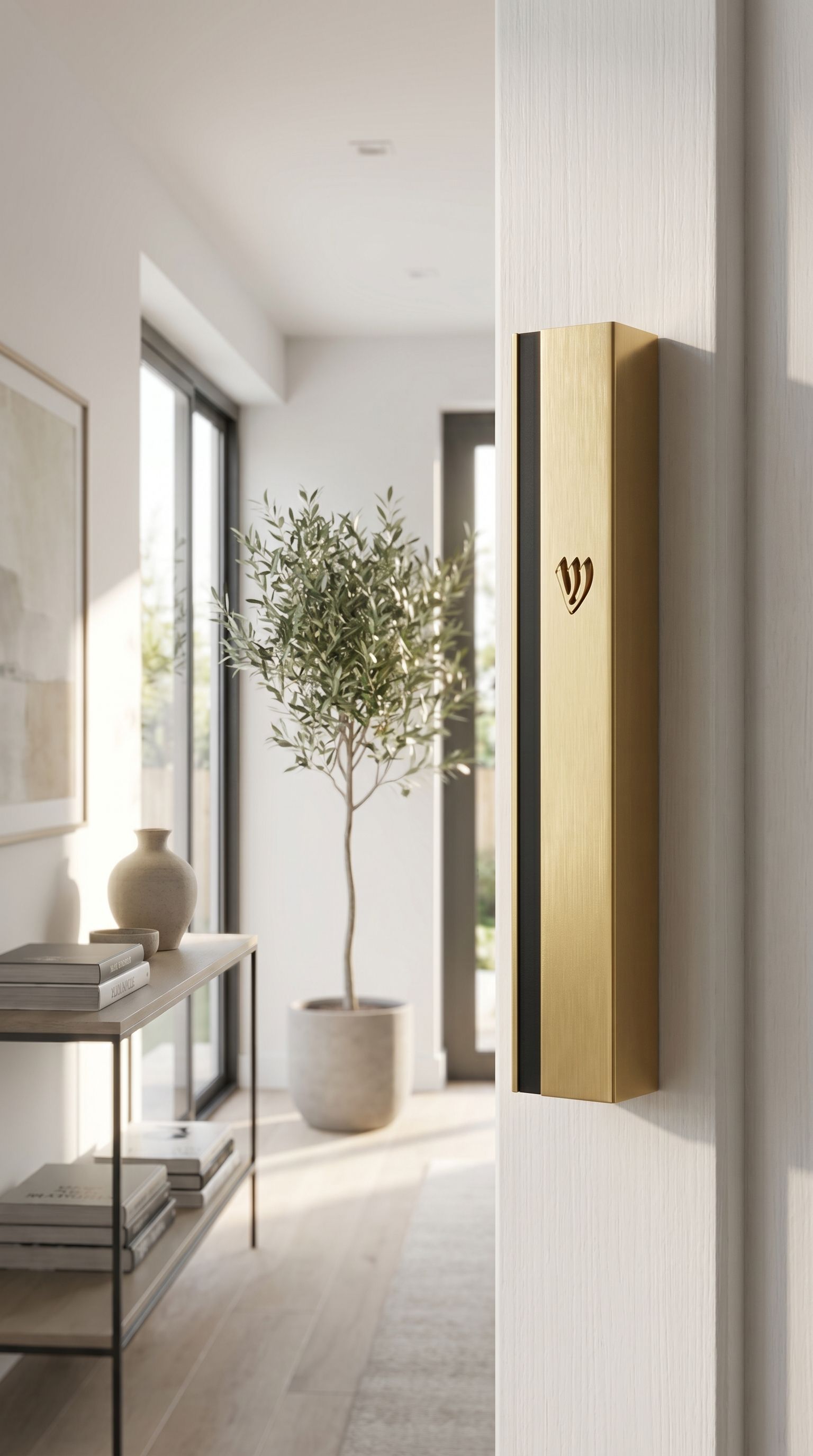 Metal outdoor mezuzah in gold and black aluminum mounted on a doorframe with weather-resistant features.