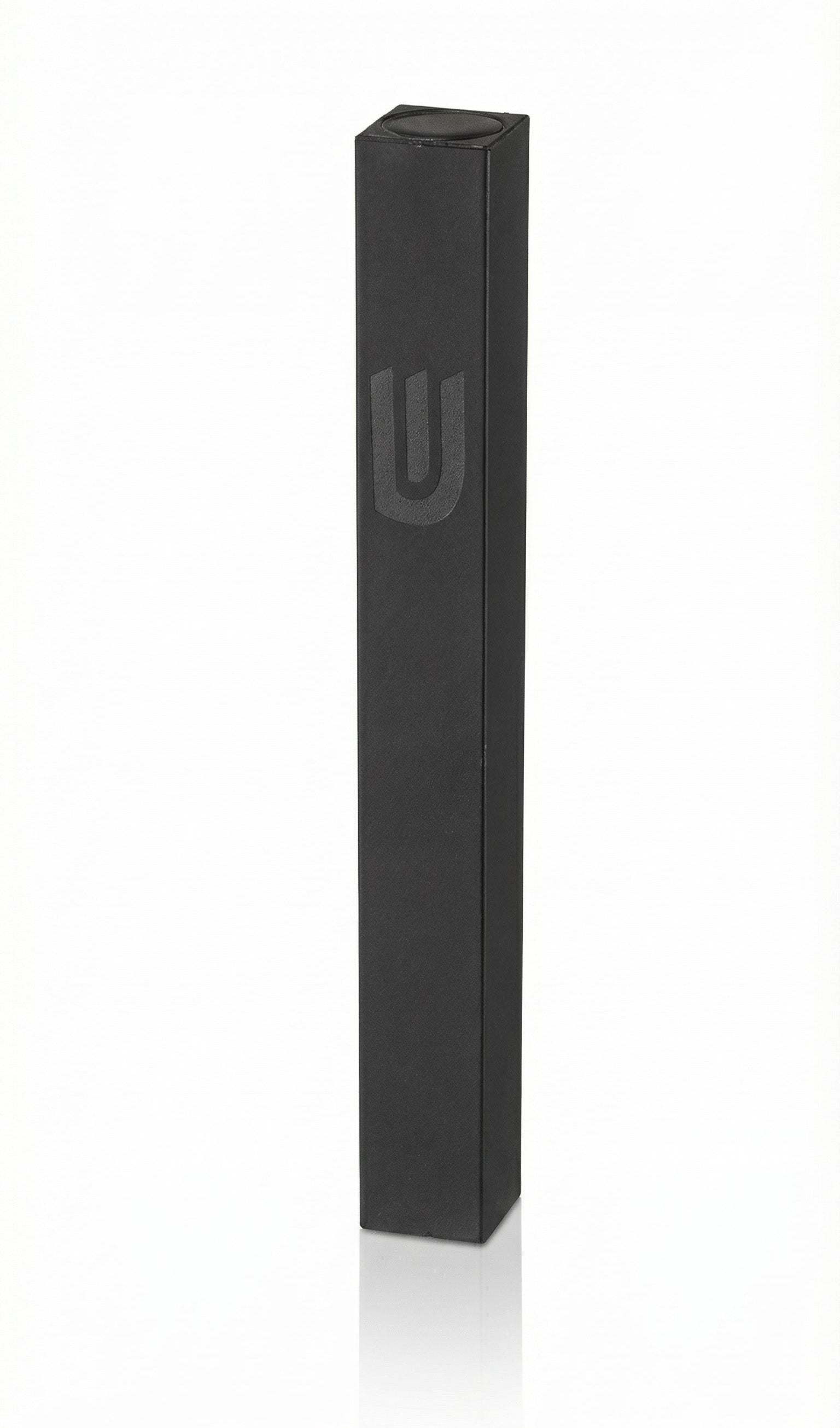Black outdoor metal mezuzah with screw-in cap, designed for weather resistance and easy attachment, suitable for home doorways.