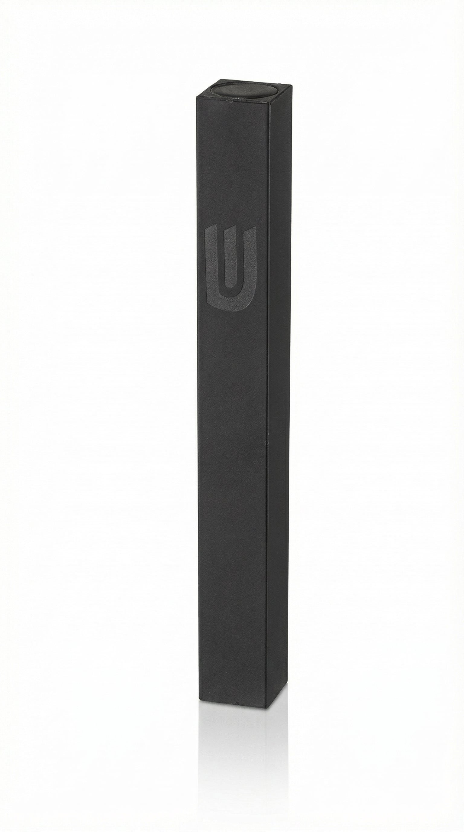 Black outdoor metal mezuzah with screw-in cap, designed for weather resistance and easy attachment, suitable for home doorways.