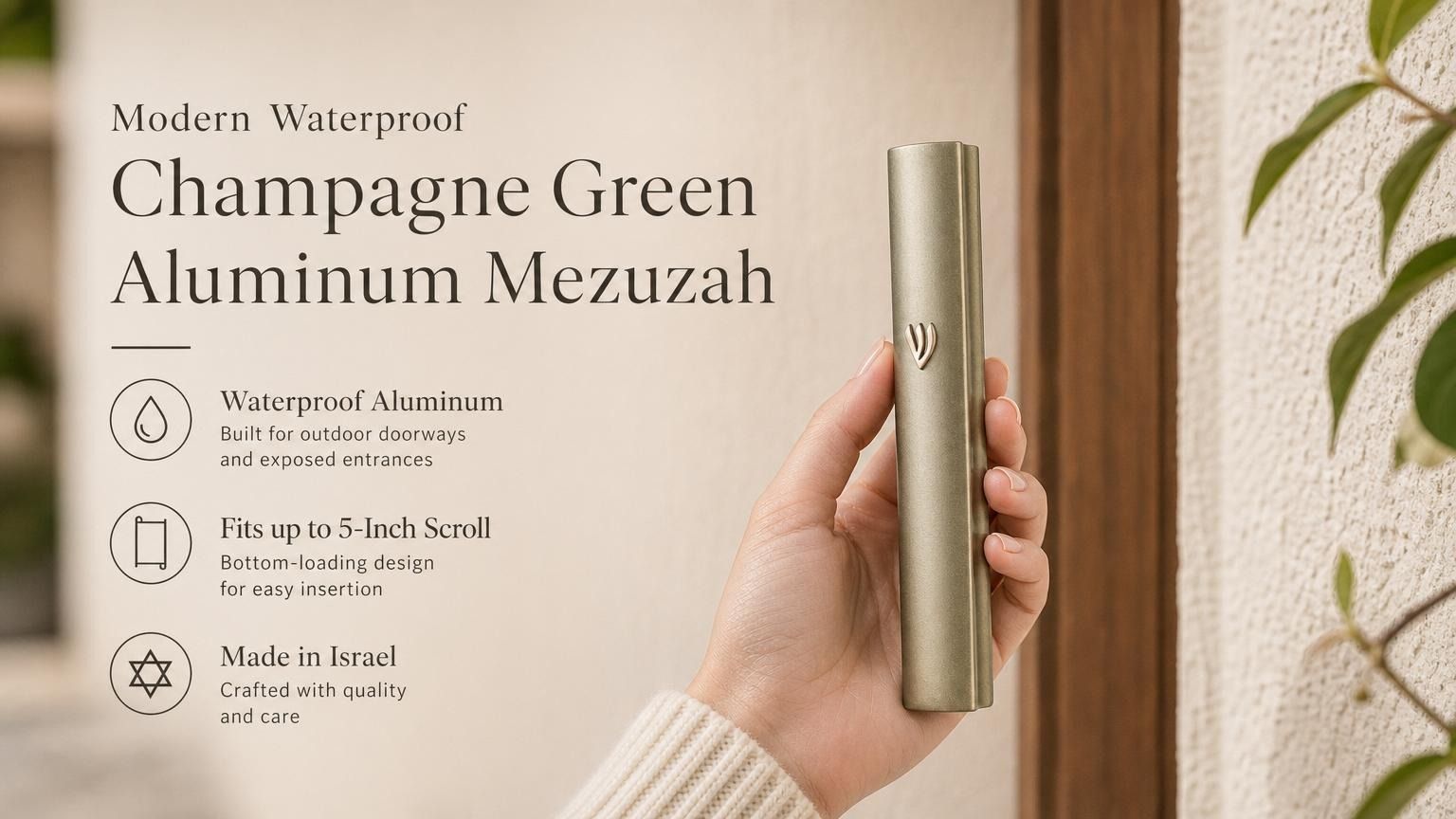 Hand holding a modern waterproof Champagne Green Aluminum Mezuzah against a neutral background.