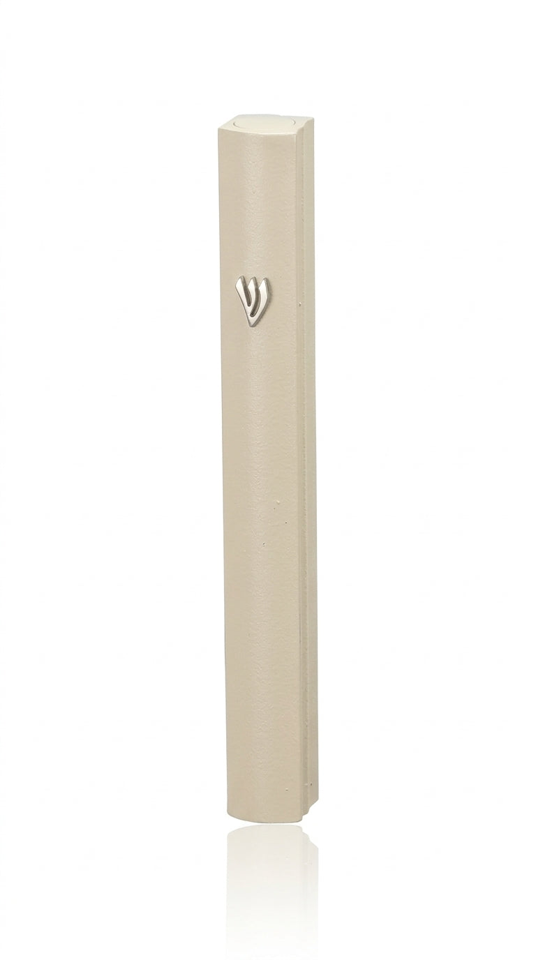 High-resolution image of a sleek beige outdoor Mezuzah made of aluminum, with precise engraved Hebrew letters and a screw cap for outdoor use.
