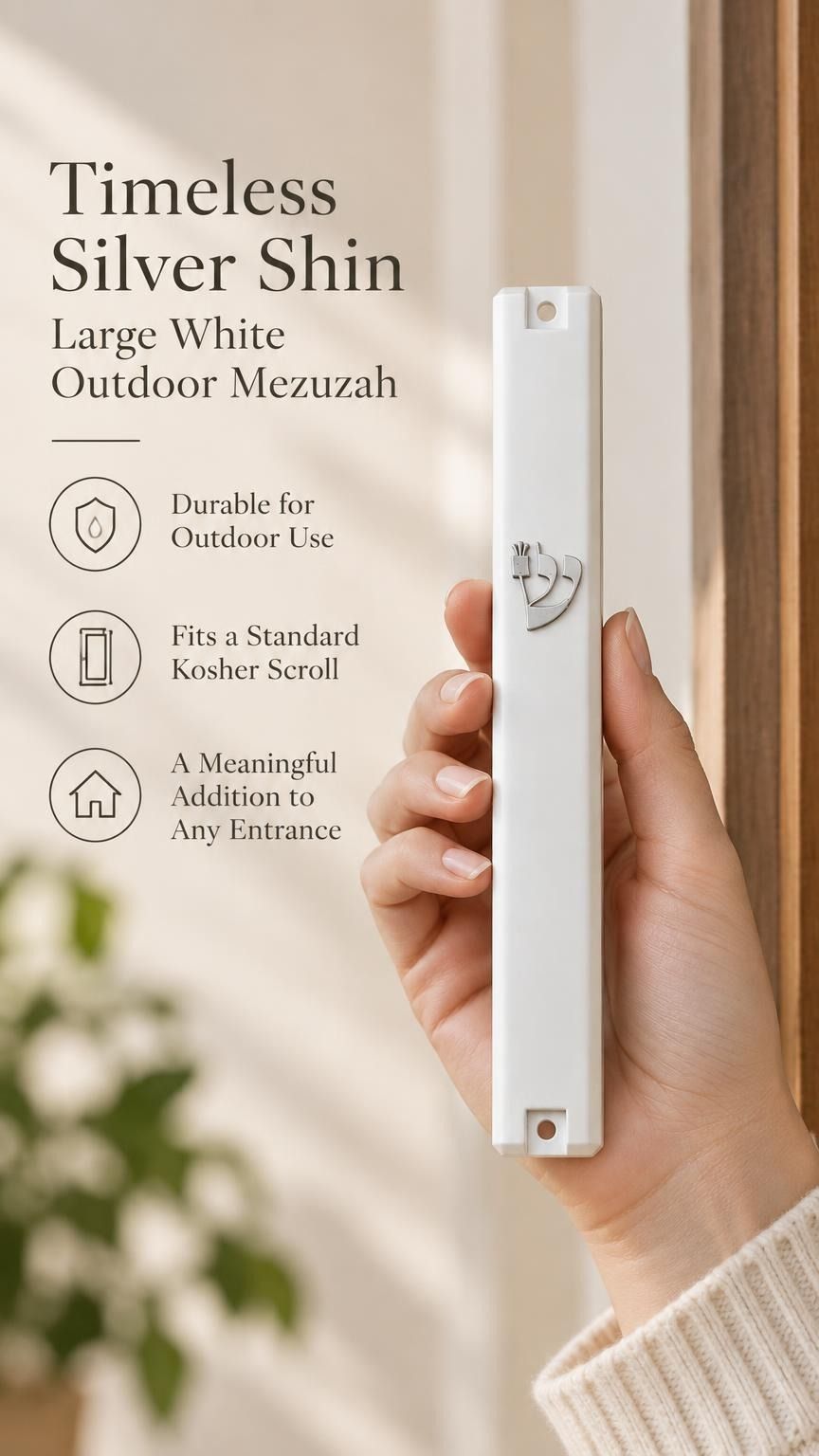 Close up of a hand holding an opaque white mezuzah with a silver Hebrew Shin designed for outdoor doorposts.