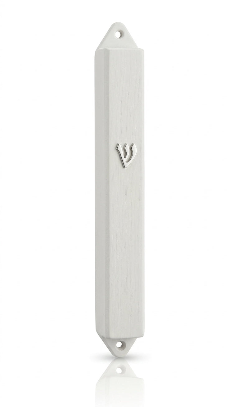 Outdoor white rectangular Mezuzah with Hebrew inscriptions, mounted on a doorpost with double-sided tape, designed for outdoor use.