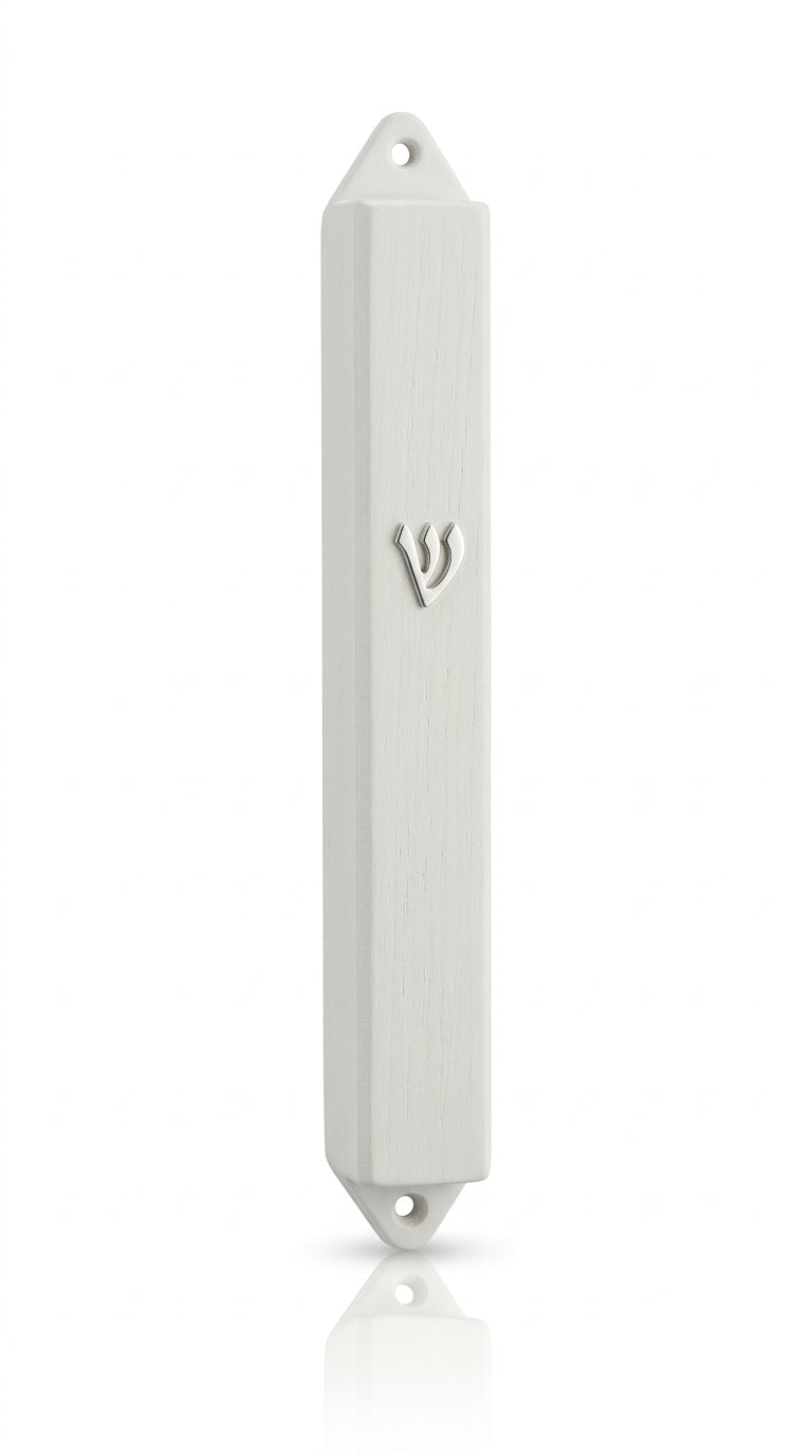 Outdoor white rectangular Mezuzah with Hebrew inscriptions, mounted on a doorpost with double-sided tape, designed for outdoor use.