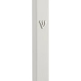 Outdoor white rectangular Mezuzah with Hebrew inscriptions, mounted on a doorpost with double-sided tape, designed for outdoor use.