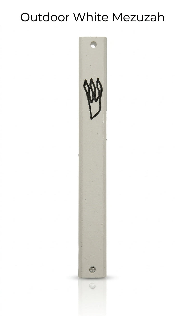 Outdoor white rectangular Mezuzah with Hebrew inscriptions, designed for doorposts, featuring precise engravings, mounted with double-sided tape, suitable for exterior use.