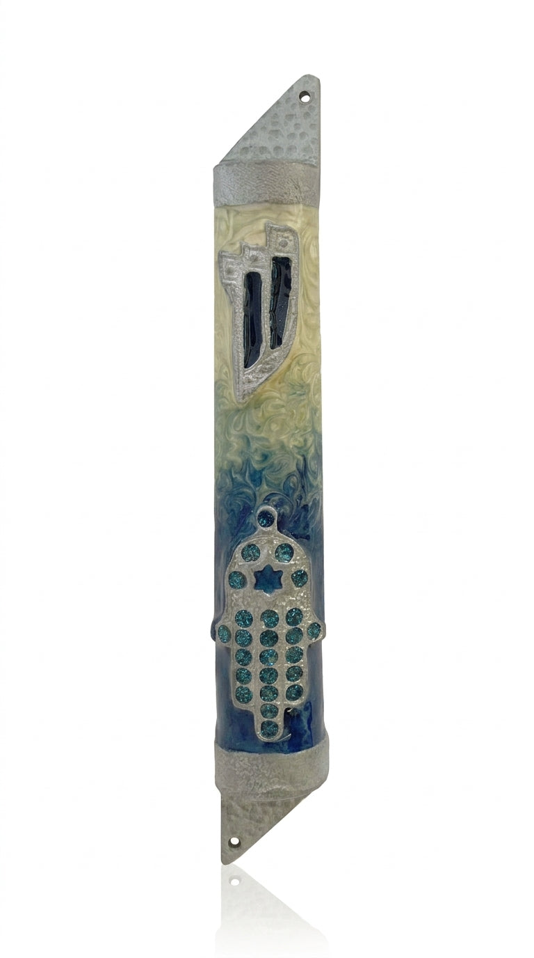 Pacific Blue Hamsa Mezuzah made in Israel, hand-painted with enamel, with detailed Hebrew engravings, on a white studio background.