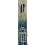 Pacific Blue Hamsa Mezuzah made in Israel, hand-painted with enamel, with detailed Hebrew engravings, on a white studio background.
