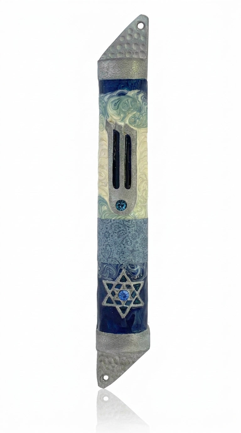 Pacific Blue Mezuzah with Star of David, handcrafted in Israel, pewter material, hand-painted enamel, displayed on a white studio background with subtle reflection.