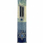 Pacific Blue Mezuzah with Star of David, handcrafted in Israel, pewter material, hand-painted enamel, displayed on a white studio background with subtle reflection.