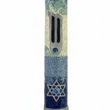 Pacific Blue Mezuzah with Star of David, handcrafted in Israel, pewter material, hand-painted enamel, displayed on a white studio background with subtle reflection.