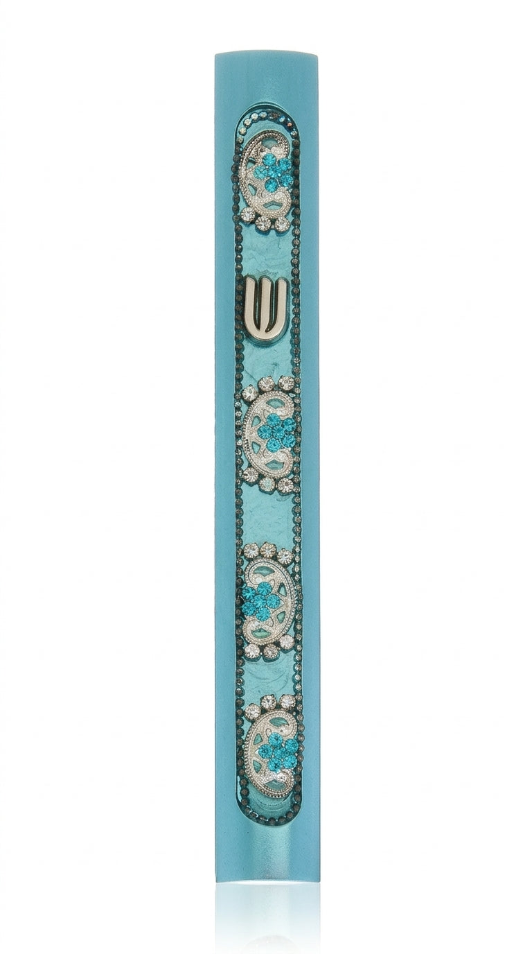 Bright metal mezuzah with paisley and floral motifs, 5-inch tall, designed for doorpost decoration, with detailed engravings and Hebrew script.