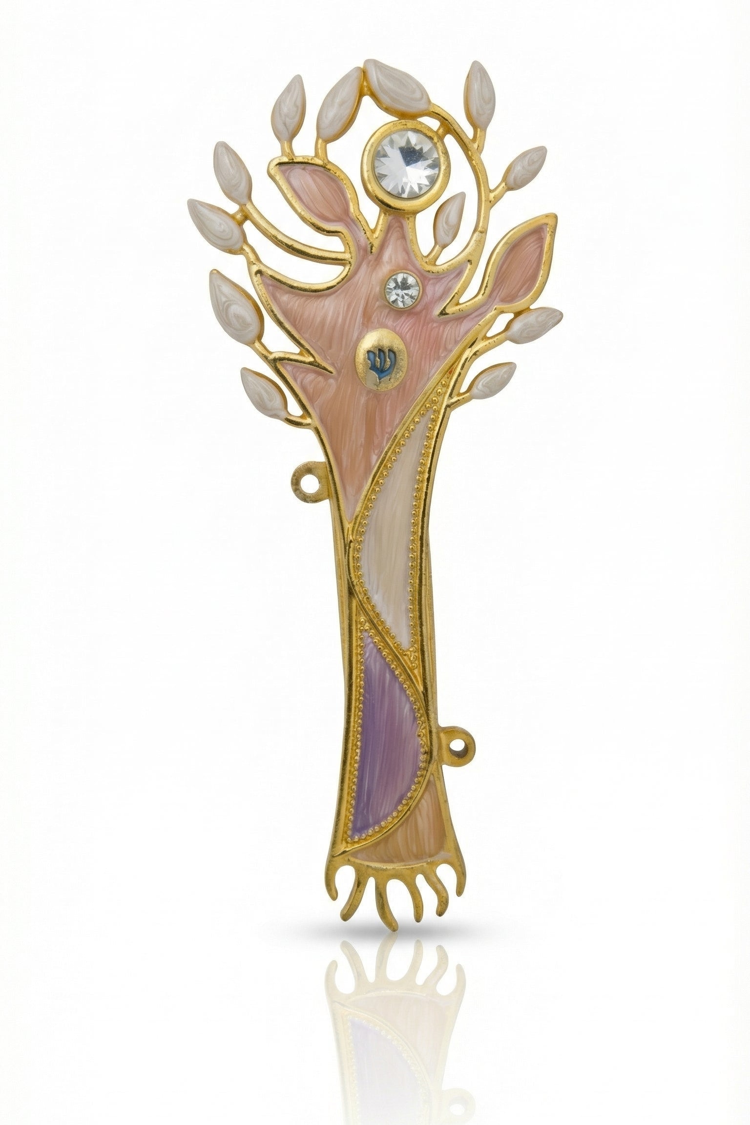 Pastel Tree of Life Mezuzah made of pewter with hand-painted enamel, displaying intricate Hebrew symbols and decorative motifs on a neutral white background.