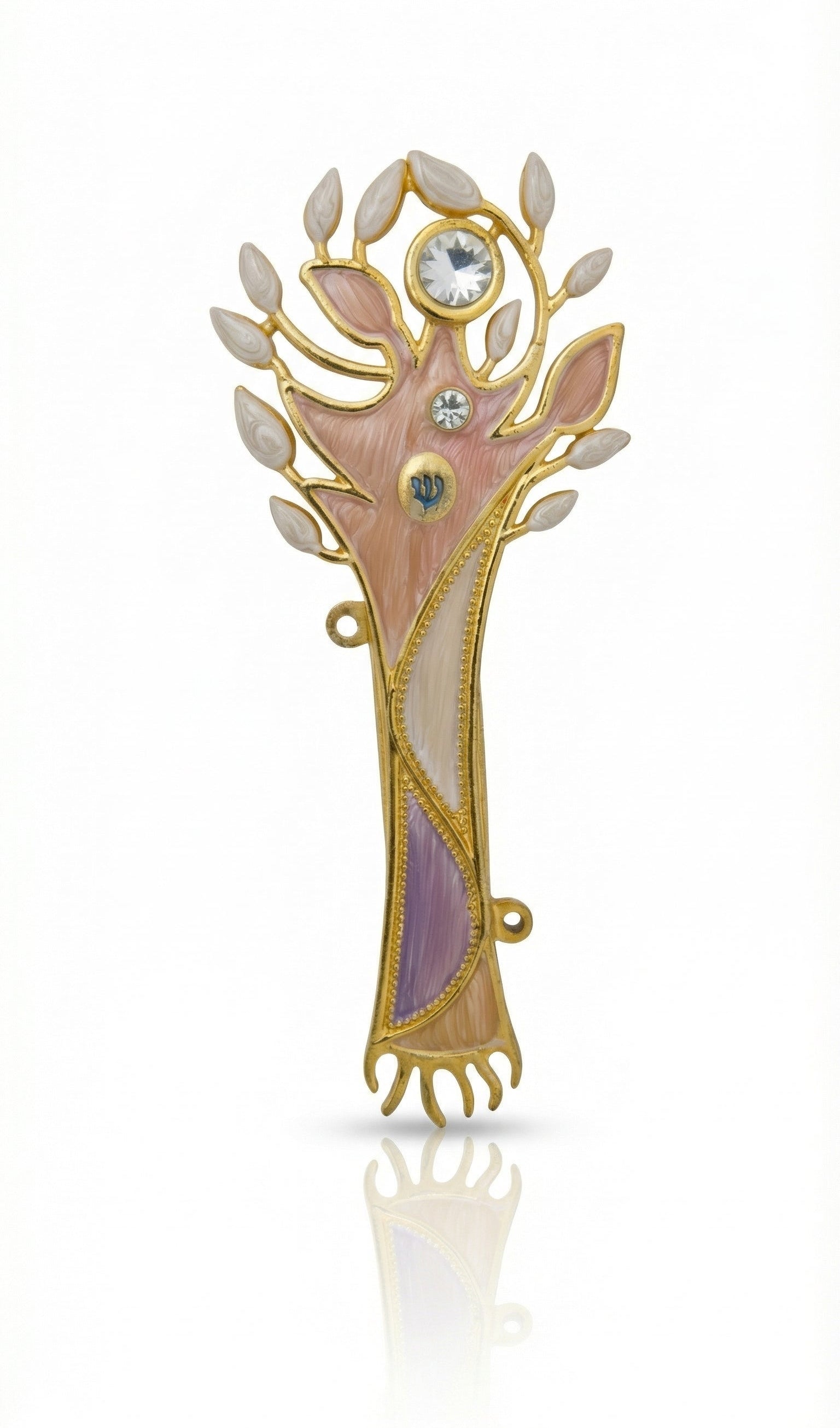 Pastel Tree of Life Mezuzah made of pewter with hand-painted enamel, displaying intricate Hebrew symbols and decorative motifs on a neutral white background.
