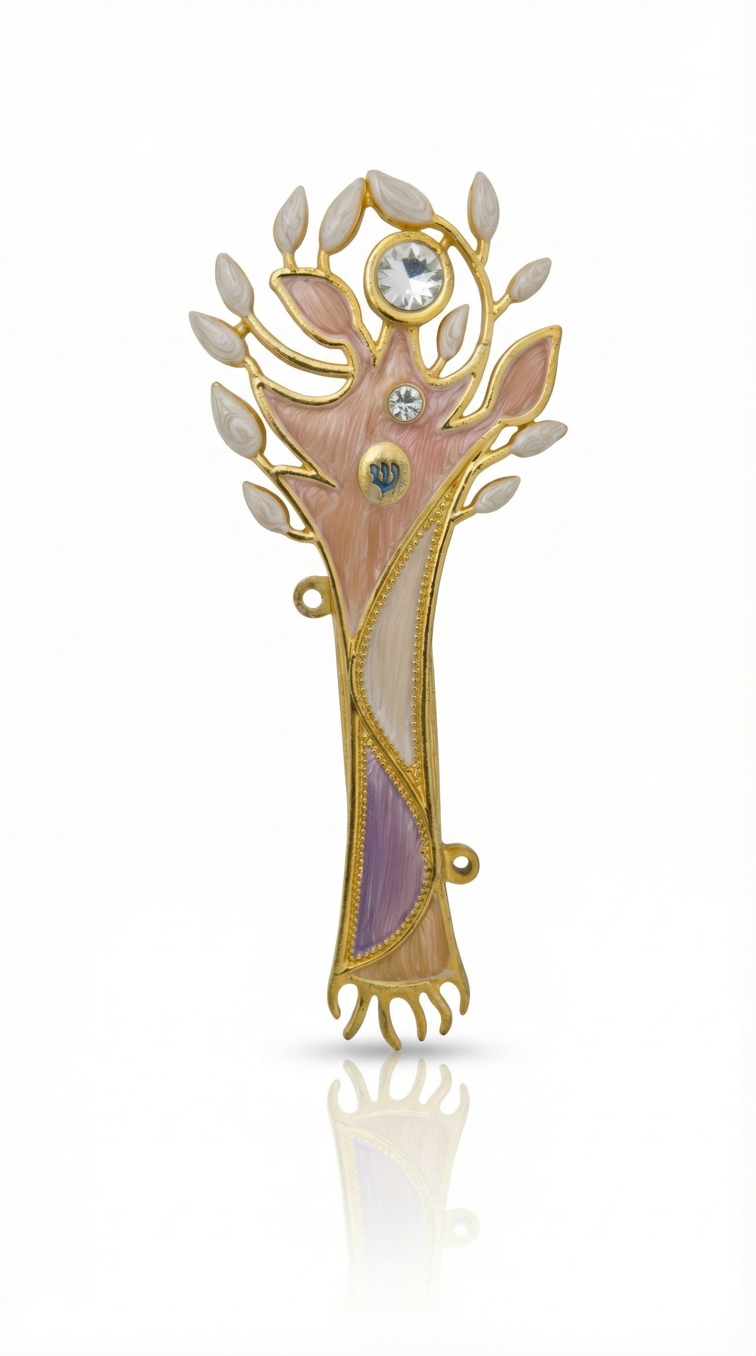 Pastel Tree of Life Mezuzah made of pewter with hand-painted enamel, displaying intricate Hebrew symbols and decorative motifs on a neutral white background.